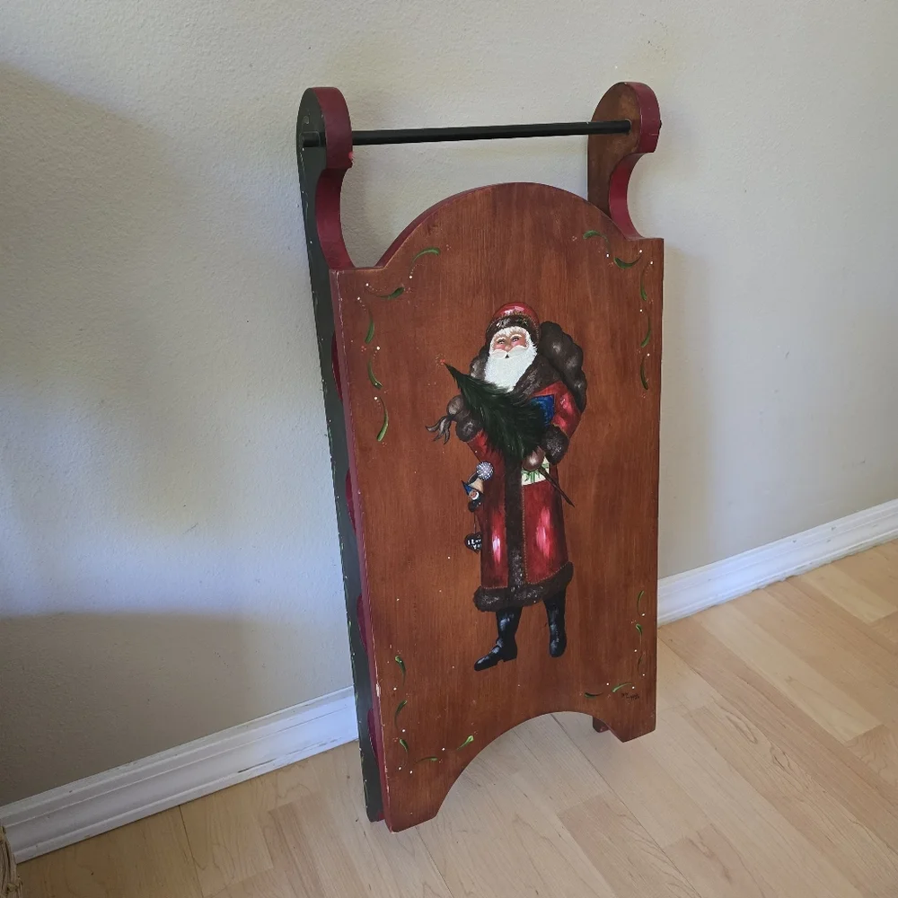 Christmas Wooden Sleigh   Handpainted Folk Art W/Santa.  26